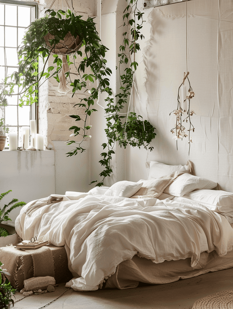 boho bedroom design for small spaces with earthy tones and hanging plants