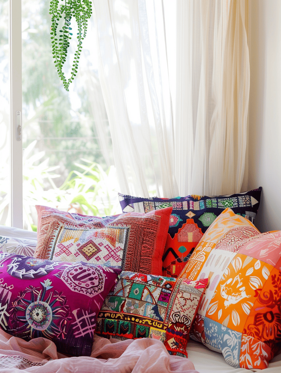 boho bedroom design for small spaces with colorful throw pillows and sheer curtains