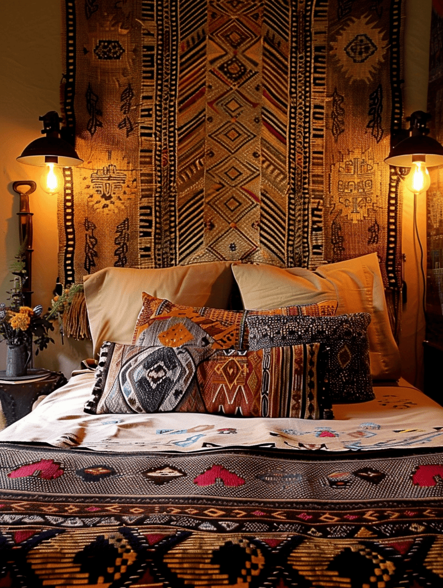 boho bedroom design for small spaces with wall-mounted bedside lamps and geometric patterns