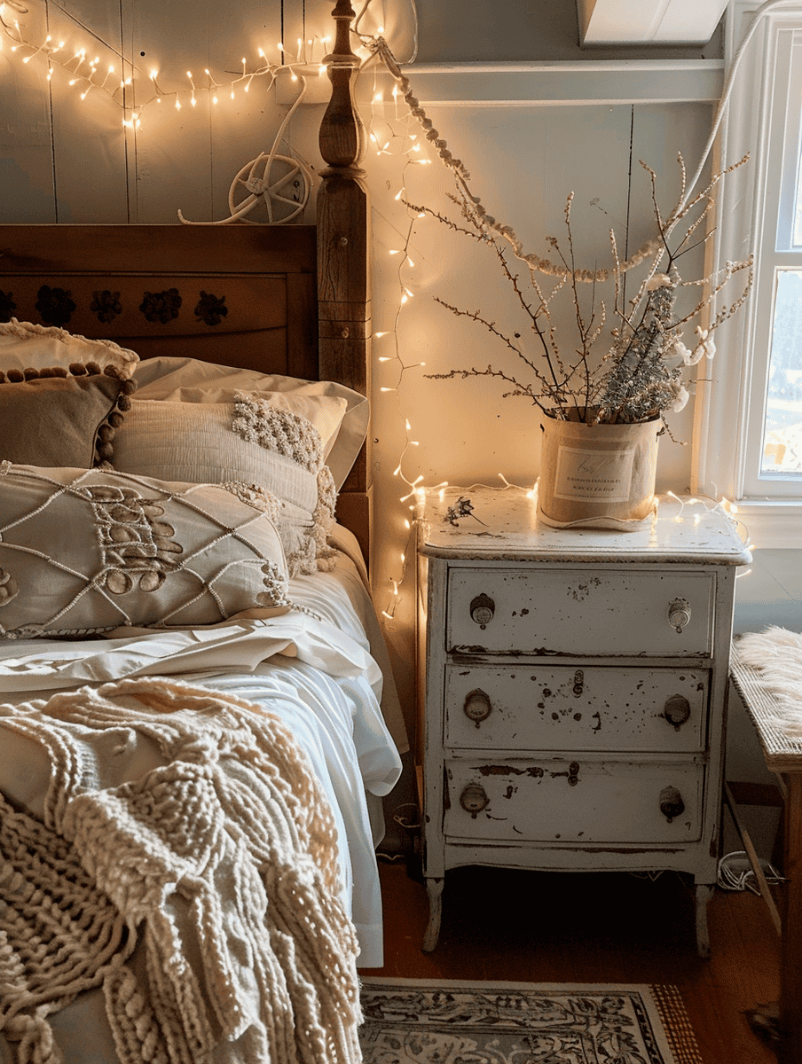 boho bedroom design for small spaces with a vintage nightstand and fairy lights