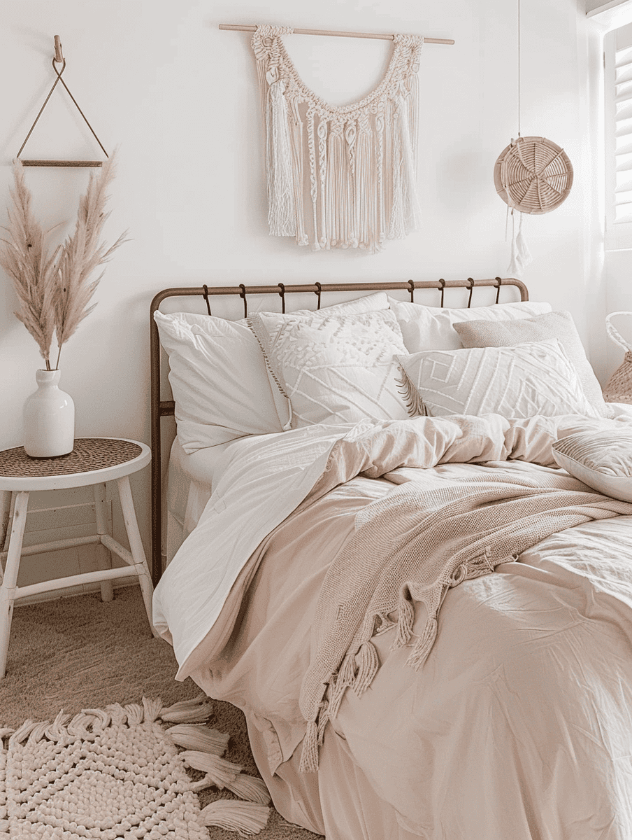 boho bedroom design for small spaces with macramé wall art and soft pastels