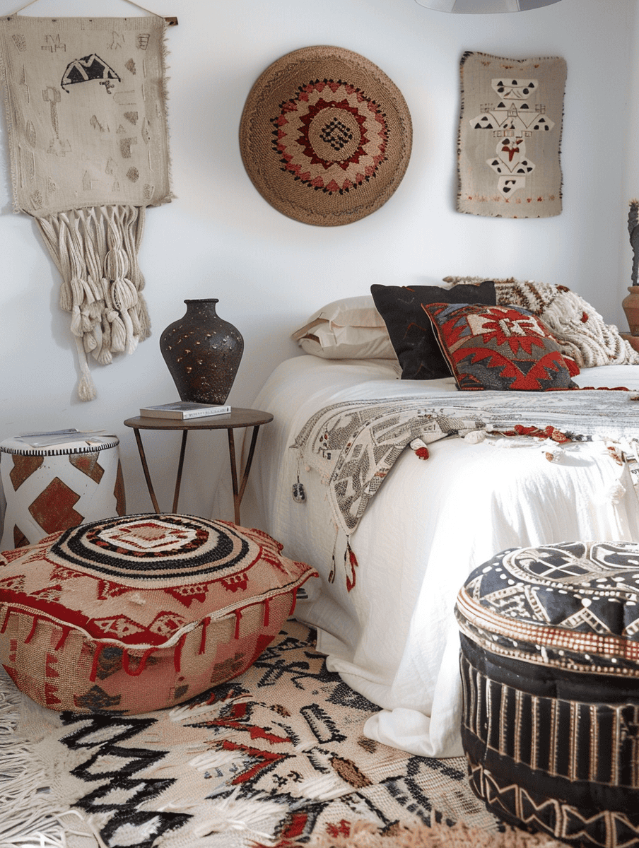 boho bedroom design for small spaces with Moroccan poufs and patterned rugs