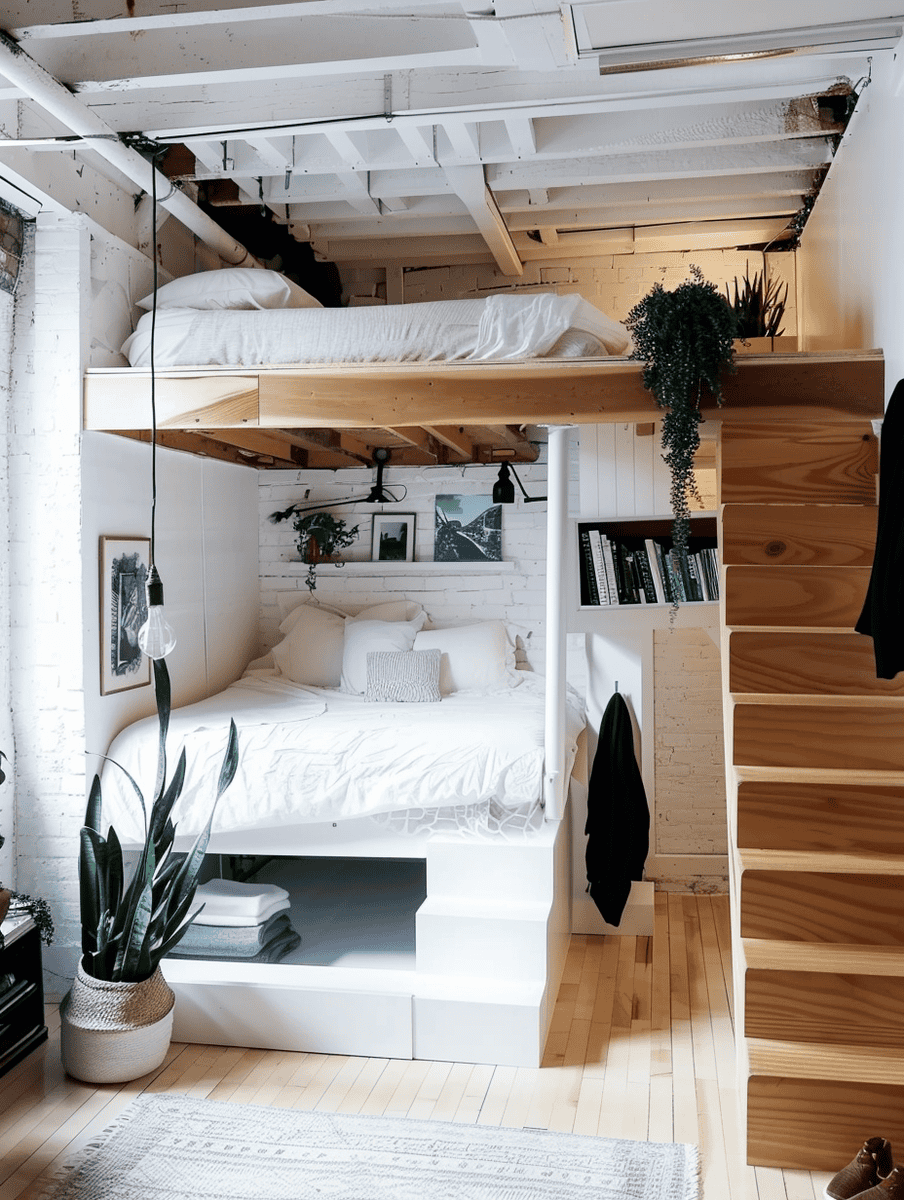 boho bedroom design for small spaces with a lofted bed and under-bed storage