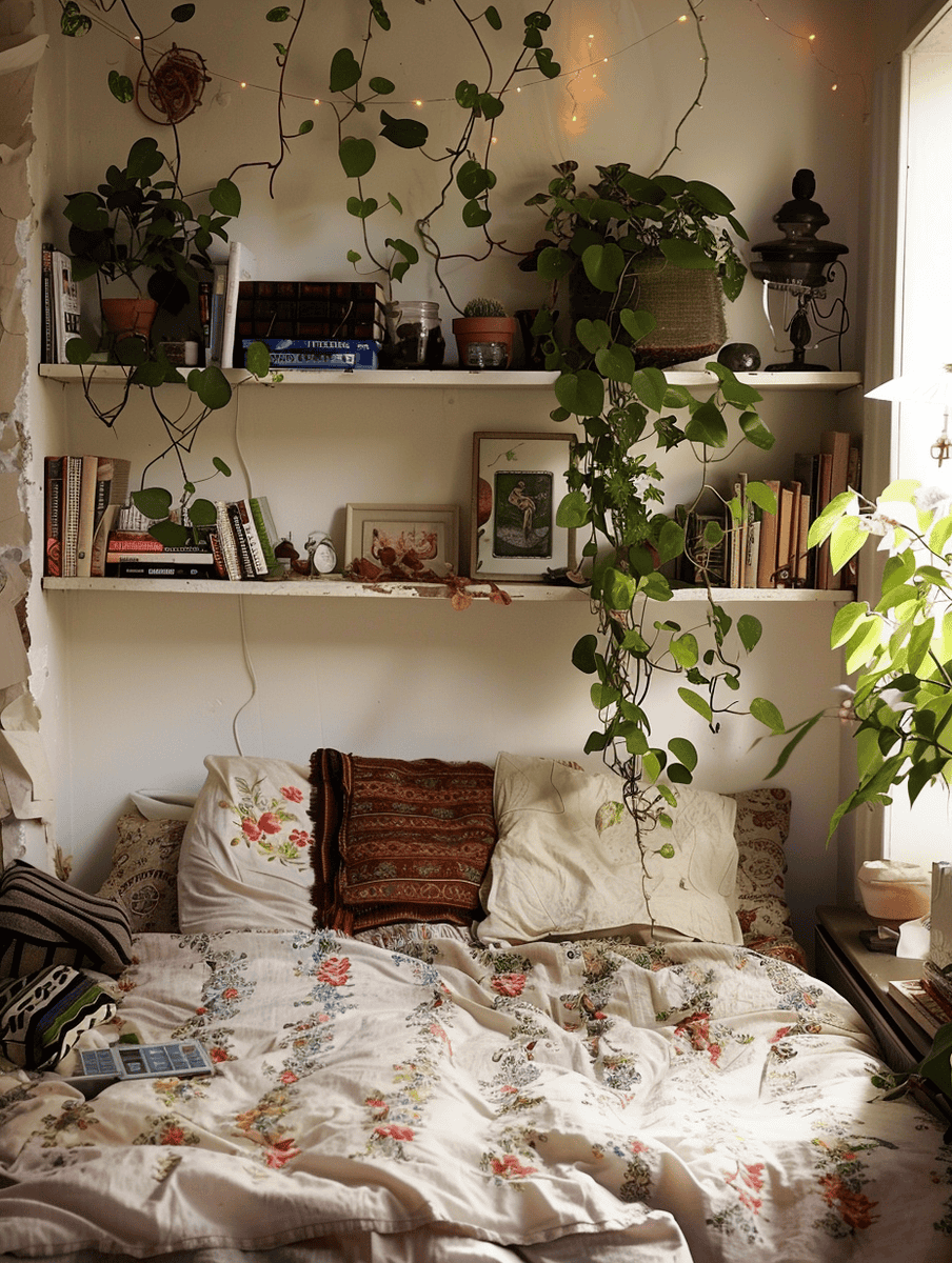 A quaint and inviting bedroom corner with a wall-mounted bookshelf, surrounded by trailing green plants and twinkling lights, with a bed dressed in a floral duvet, inviting rest and relaxation.