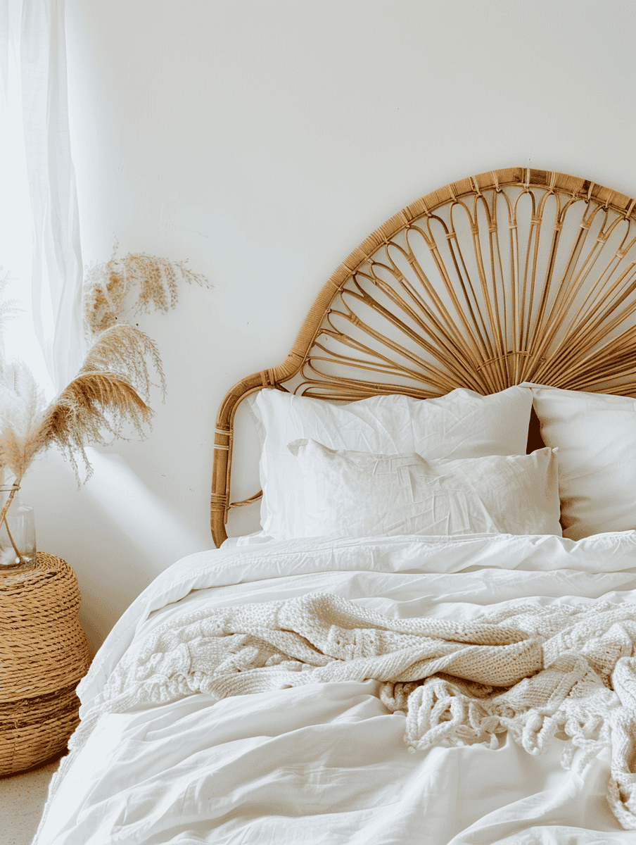 boho bedroom design for small spaces with a rattan headboard and white linens