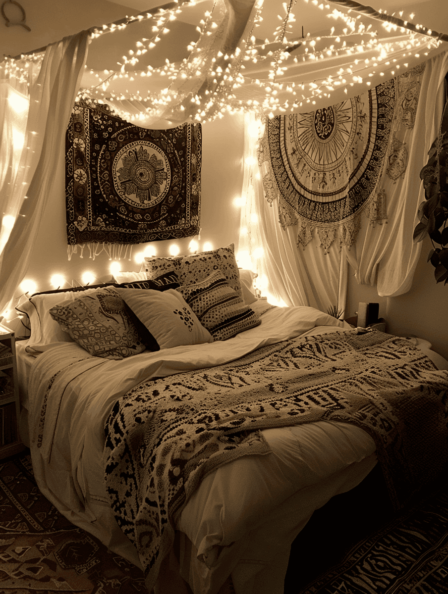 boho bedroom design for small spaces with a boho canopy and string lights