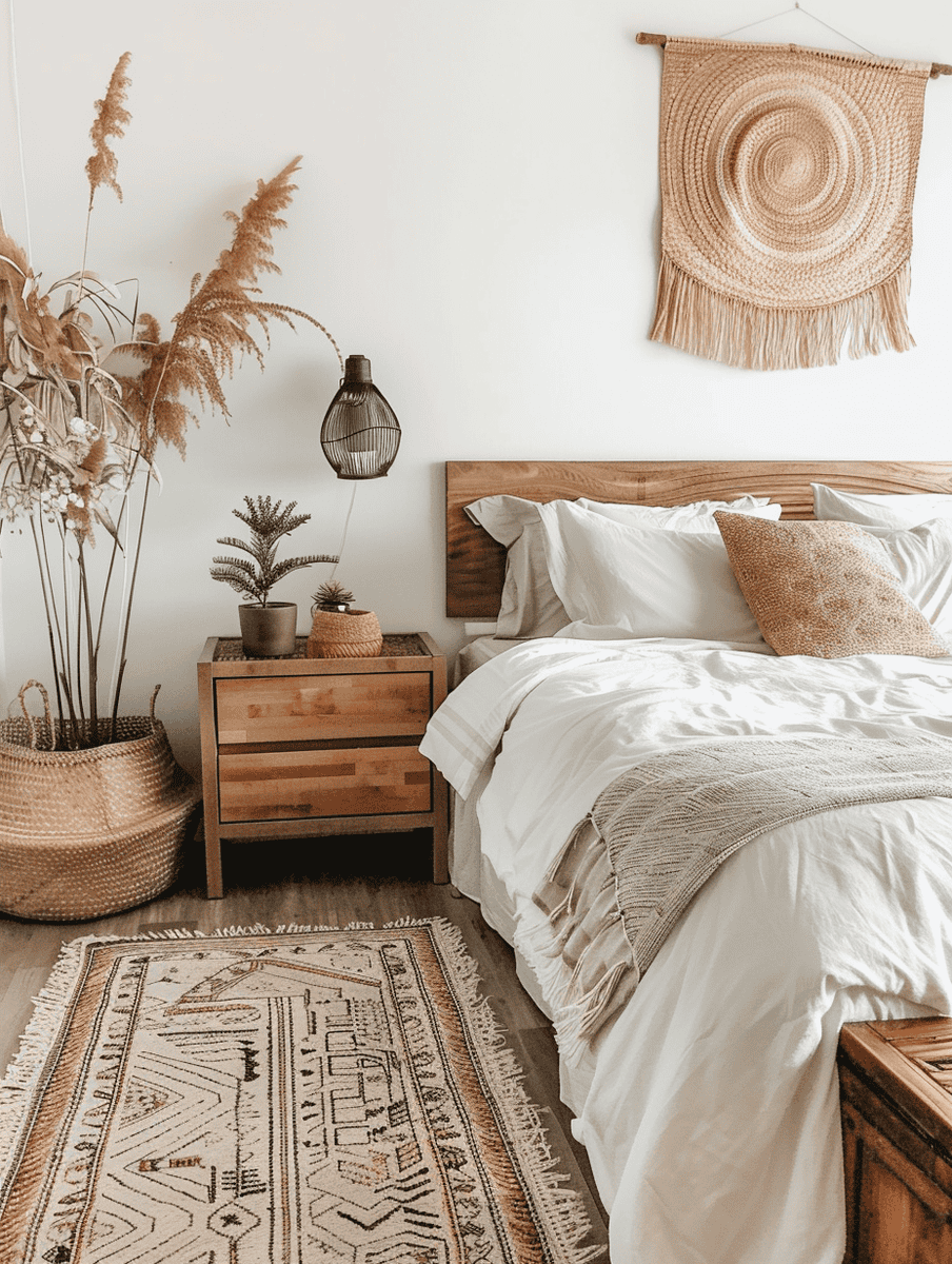 boho bedroom design for small spaces with minimalist boho art and natural wood accents