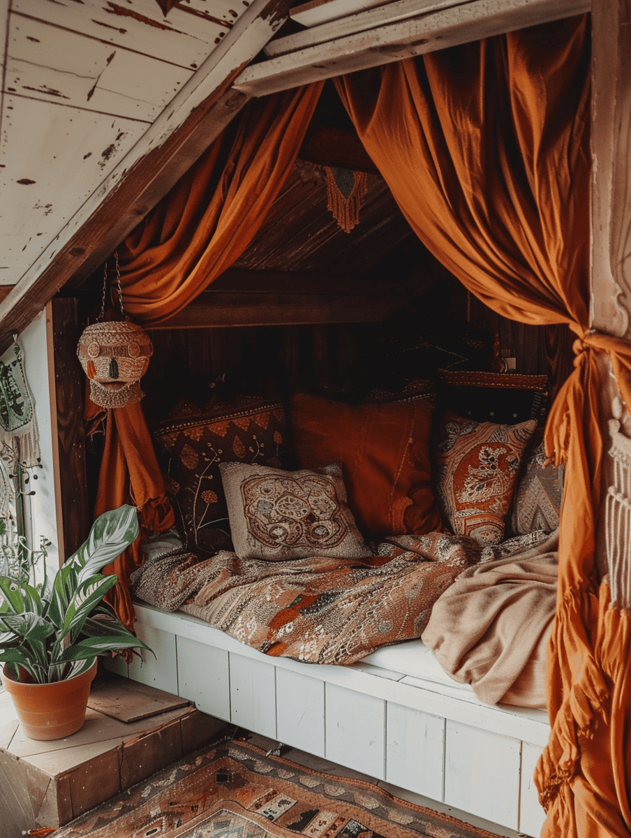 boho decor. cozy nook with cushions and drapes