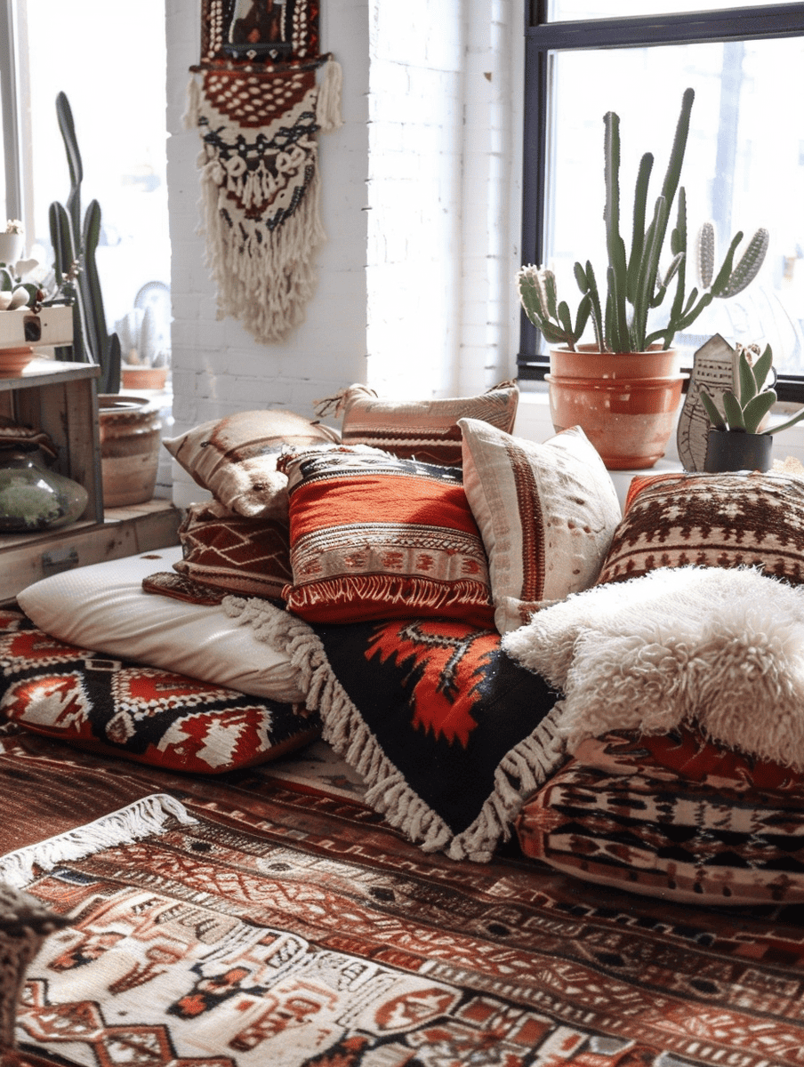 boho decor. layered rugs. plush cushions