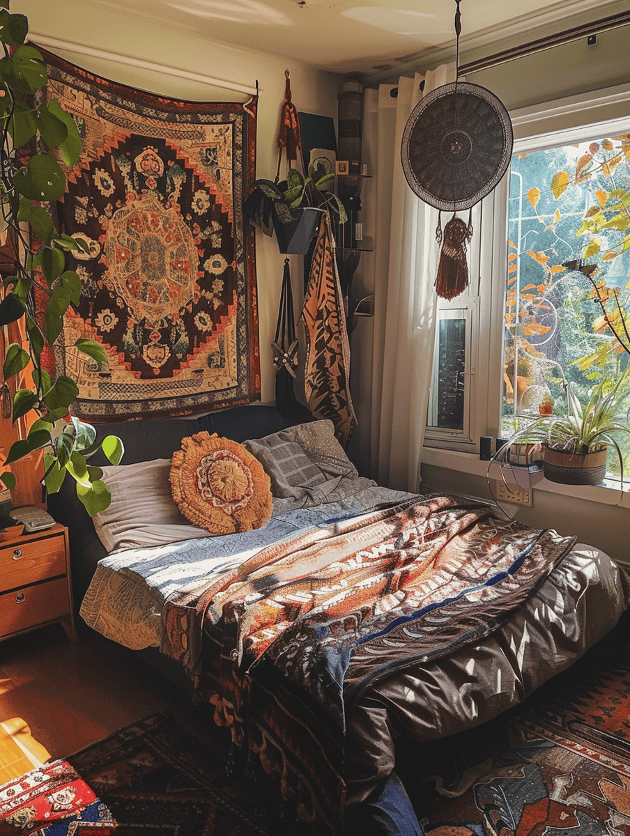 Boho bedroom with eclectic decor