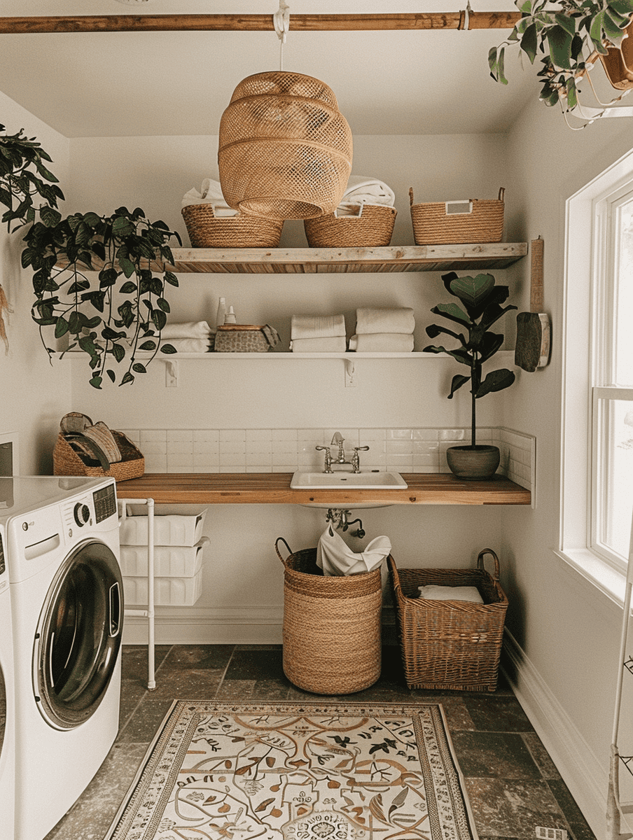 Boho-inspired laundry room design with earthy tones and rattan accents