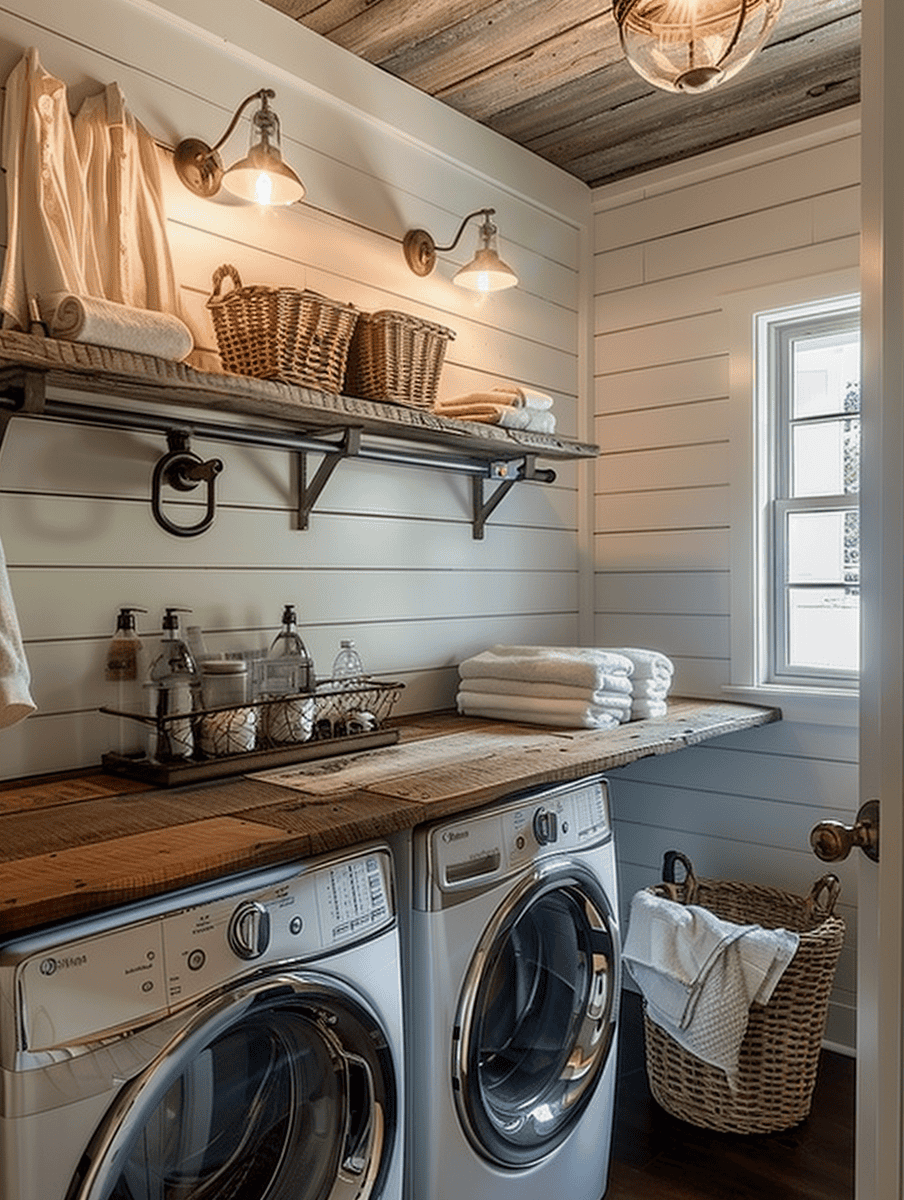 Boho-inspired laundry room design with floating wood counters and vintage light fixtures