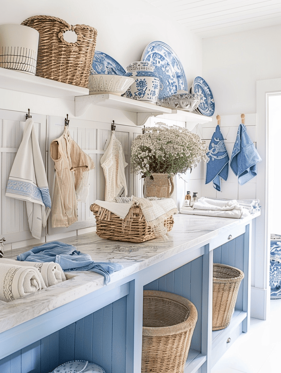 Boho-inspired laundry room design with a blue and white color scheme and natural textures