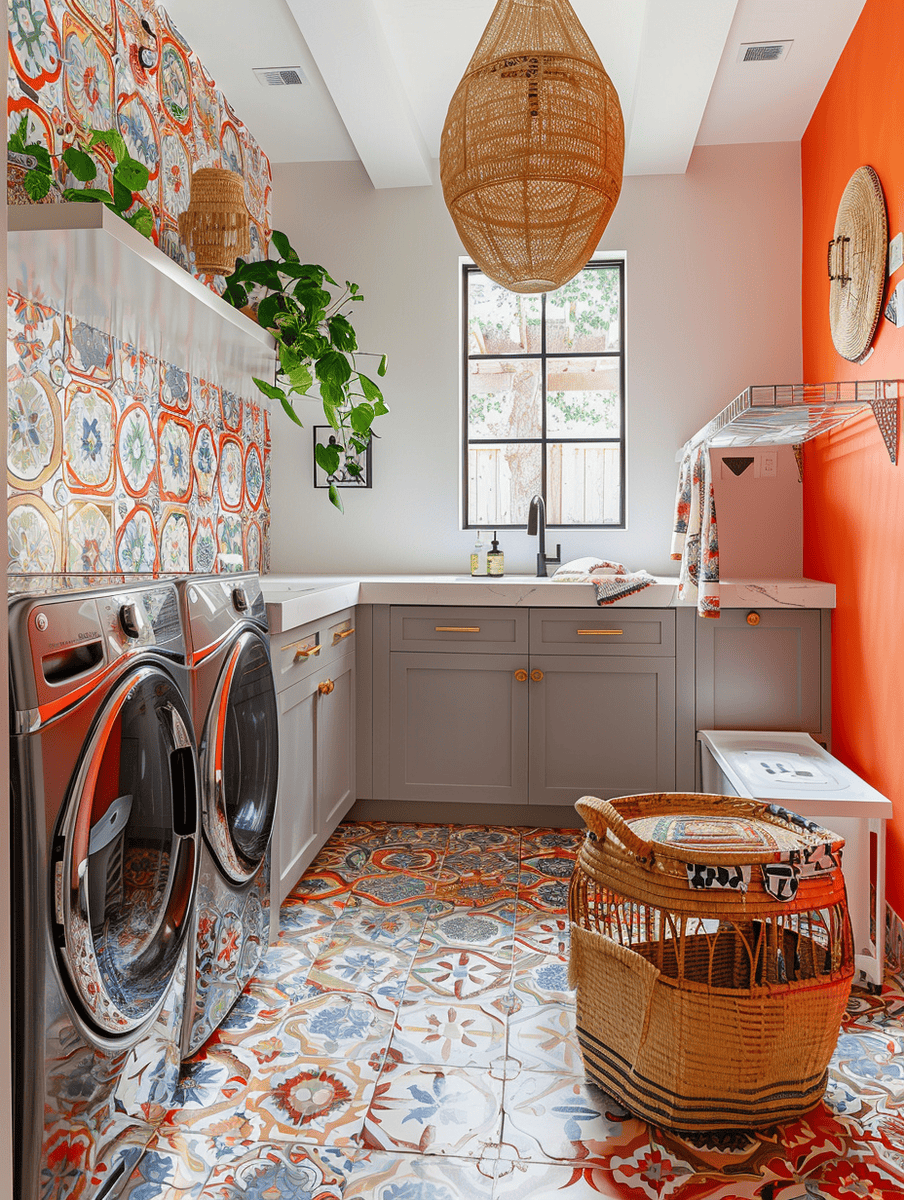 Boho-inspired laundry room design with brightly colored Moroccan tiles