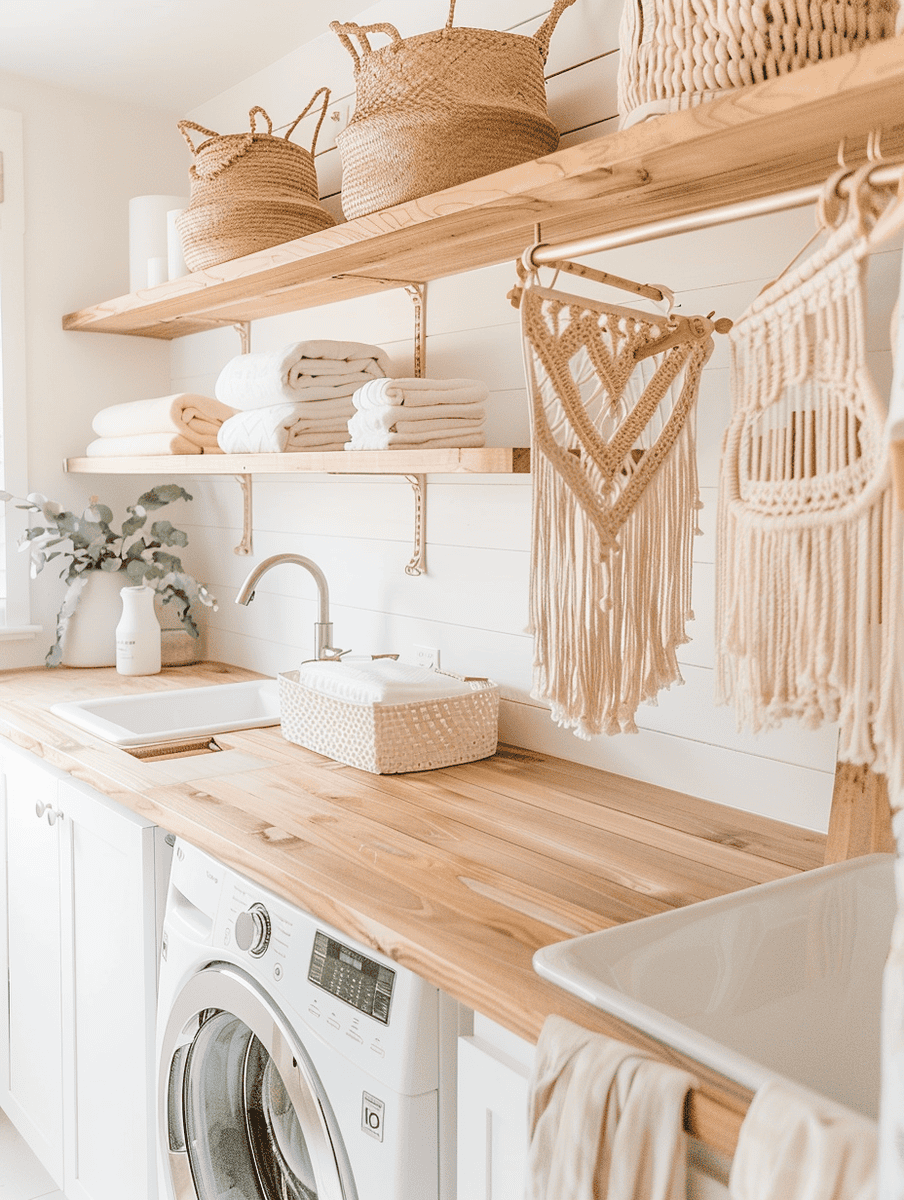 Boho-inspired laundry room design with macramé wall hangings and wooden shelves