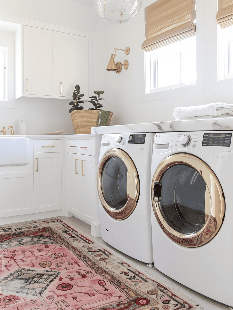 Boho-inspired laundry room design with a vintage rug and brass hardware