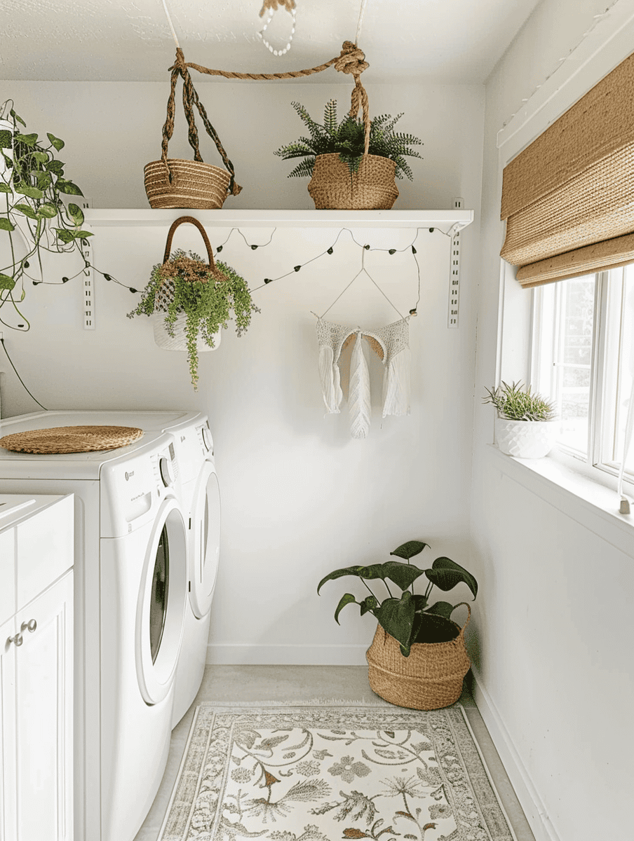 Boho-inspired laundry room design with white walls and hanging plants