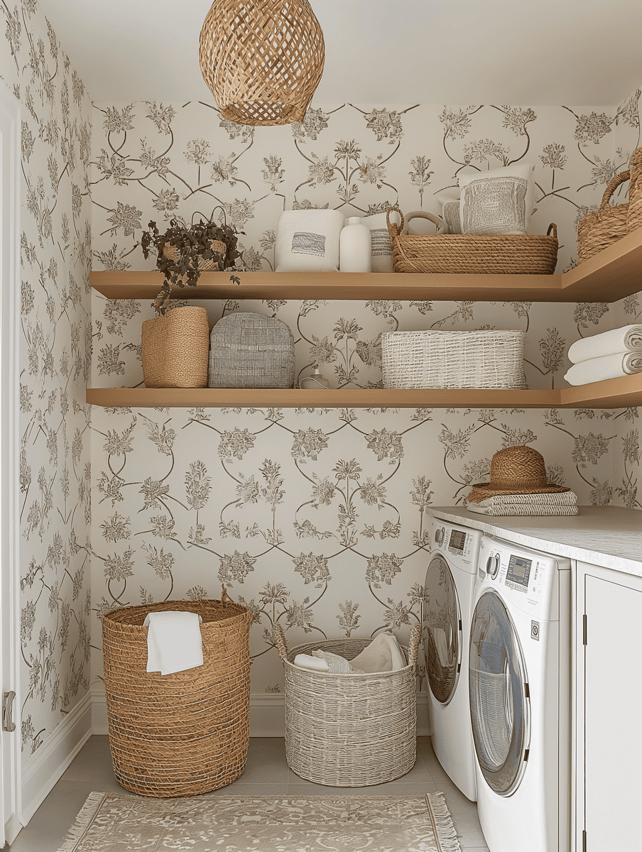 Boho-inspired laundry room design with patterned wallpaper and open shelving