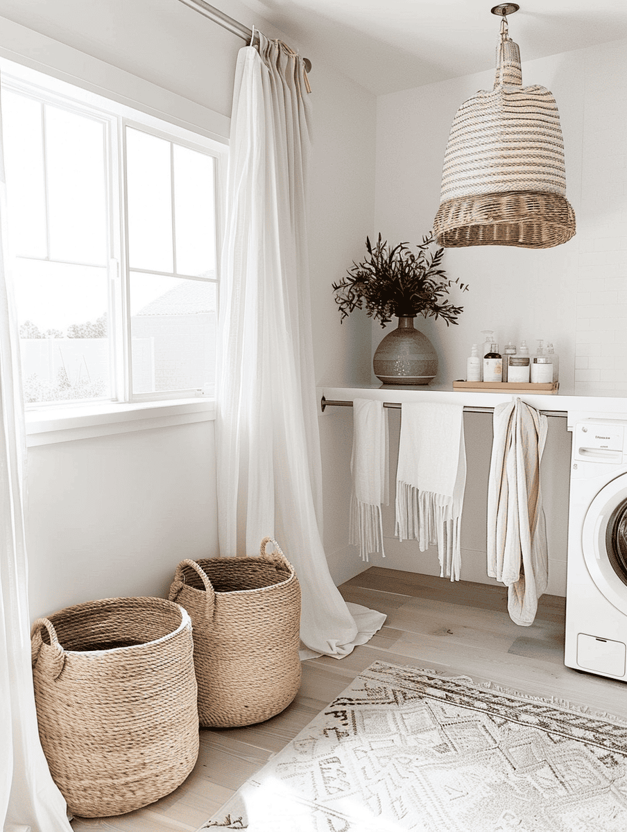Boho-inspired laundry room design with woven baskets and linen curtains