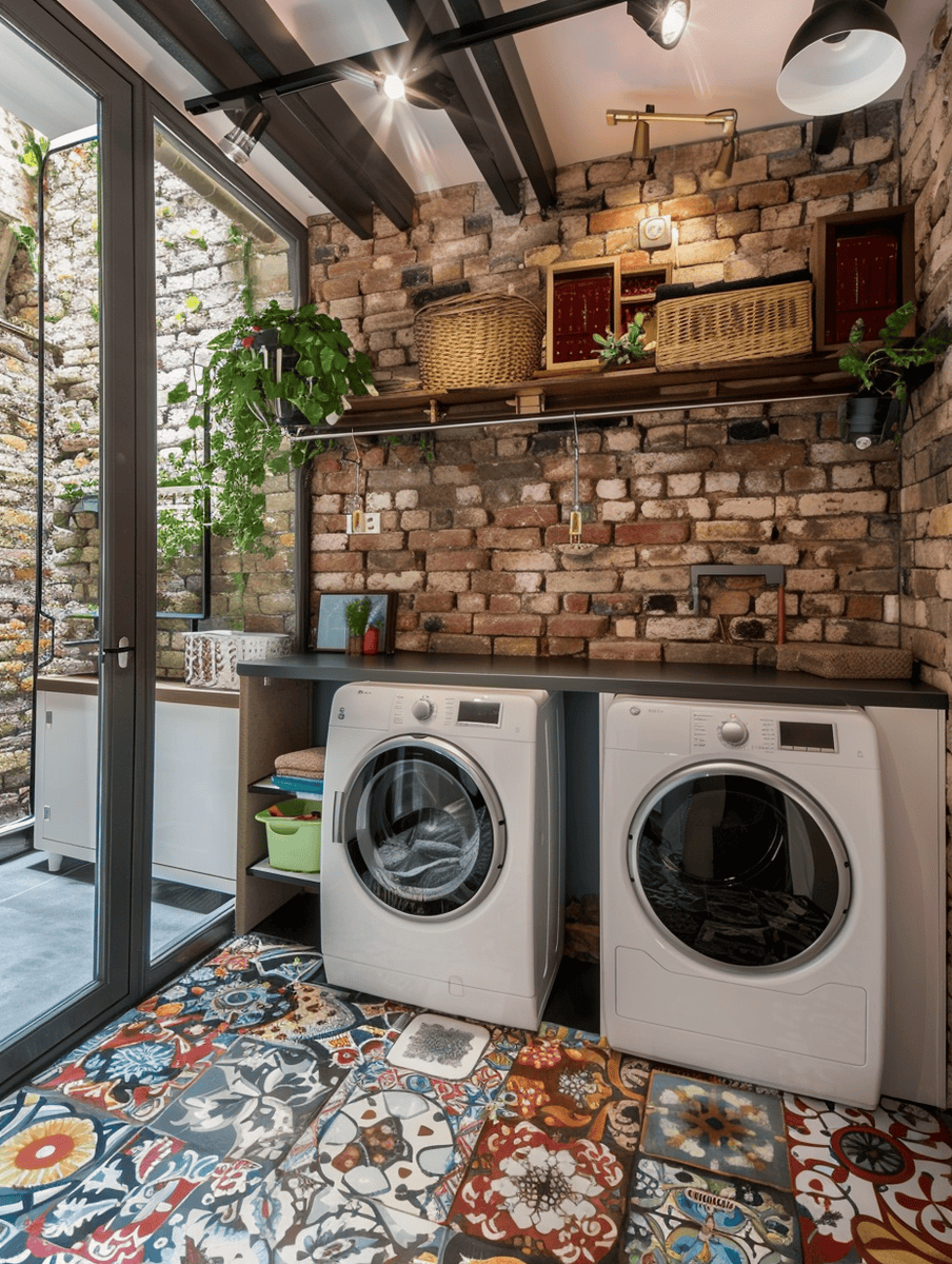 Boho-inspired laundry room design with an exposed brick wall and colorful accents
