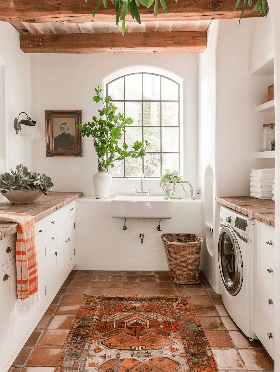 Boho-inspired laundry room design with terracotta floor tiles and greenery