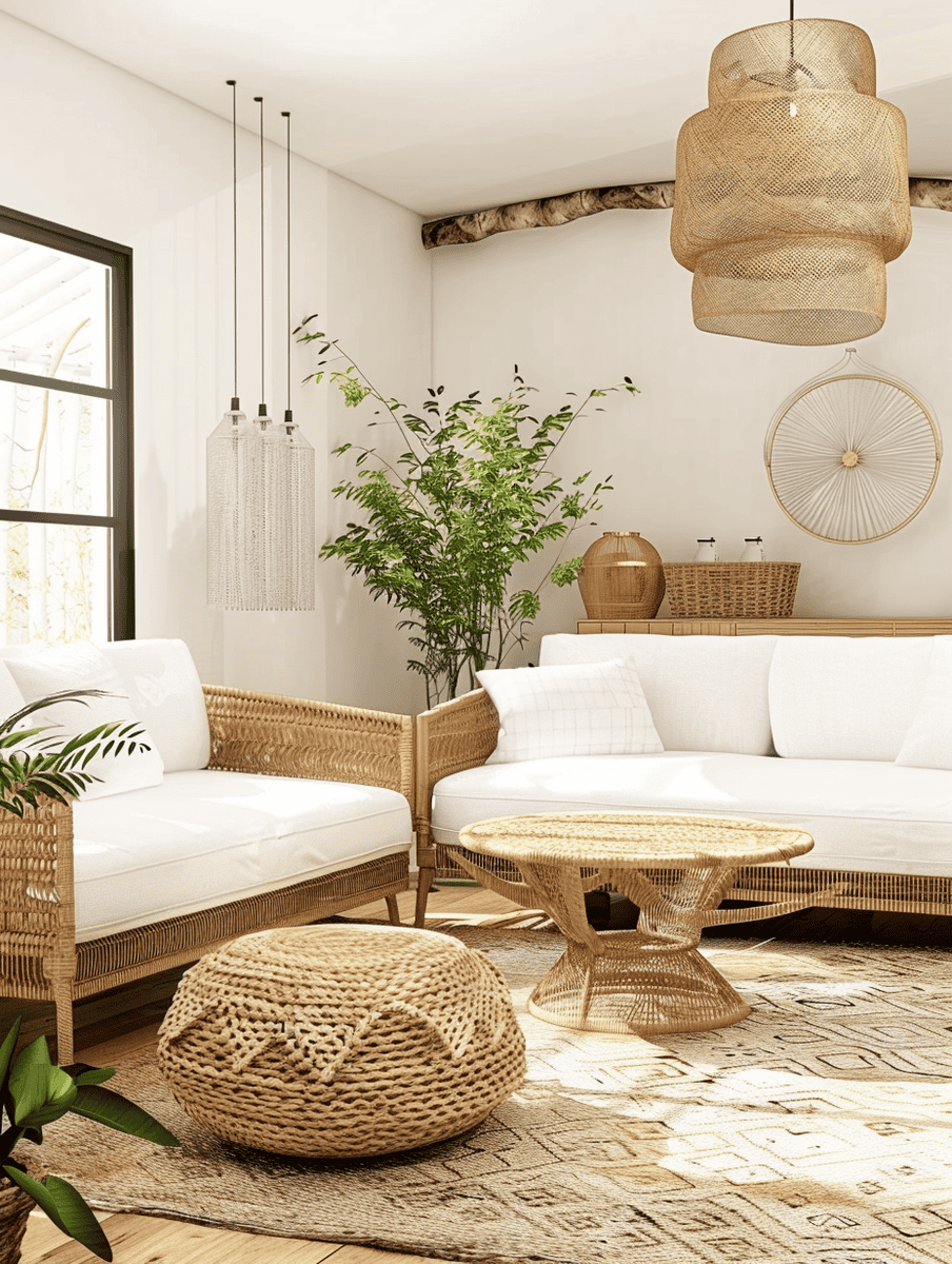 Interior of a gorgeous boho themed living room with simple boho themed design and decors