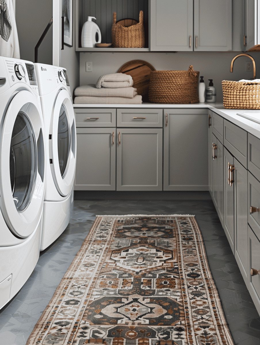 a laundry room with modern appliances and a touch of traditional decor. On the left, there's a front-loading washer and dryer set in white