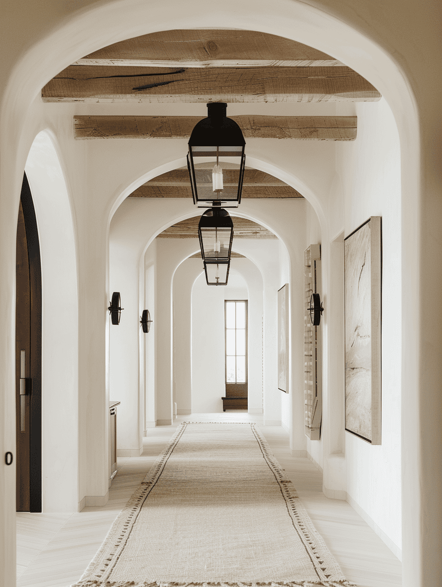 tylish interior hallway featuring a series of arches. The design blends modern and rustic elements, with white walls providing a bright, airy atmosphere, while wooden beams introduce warmth and texture