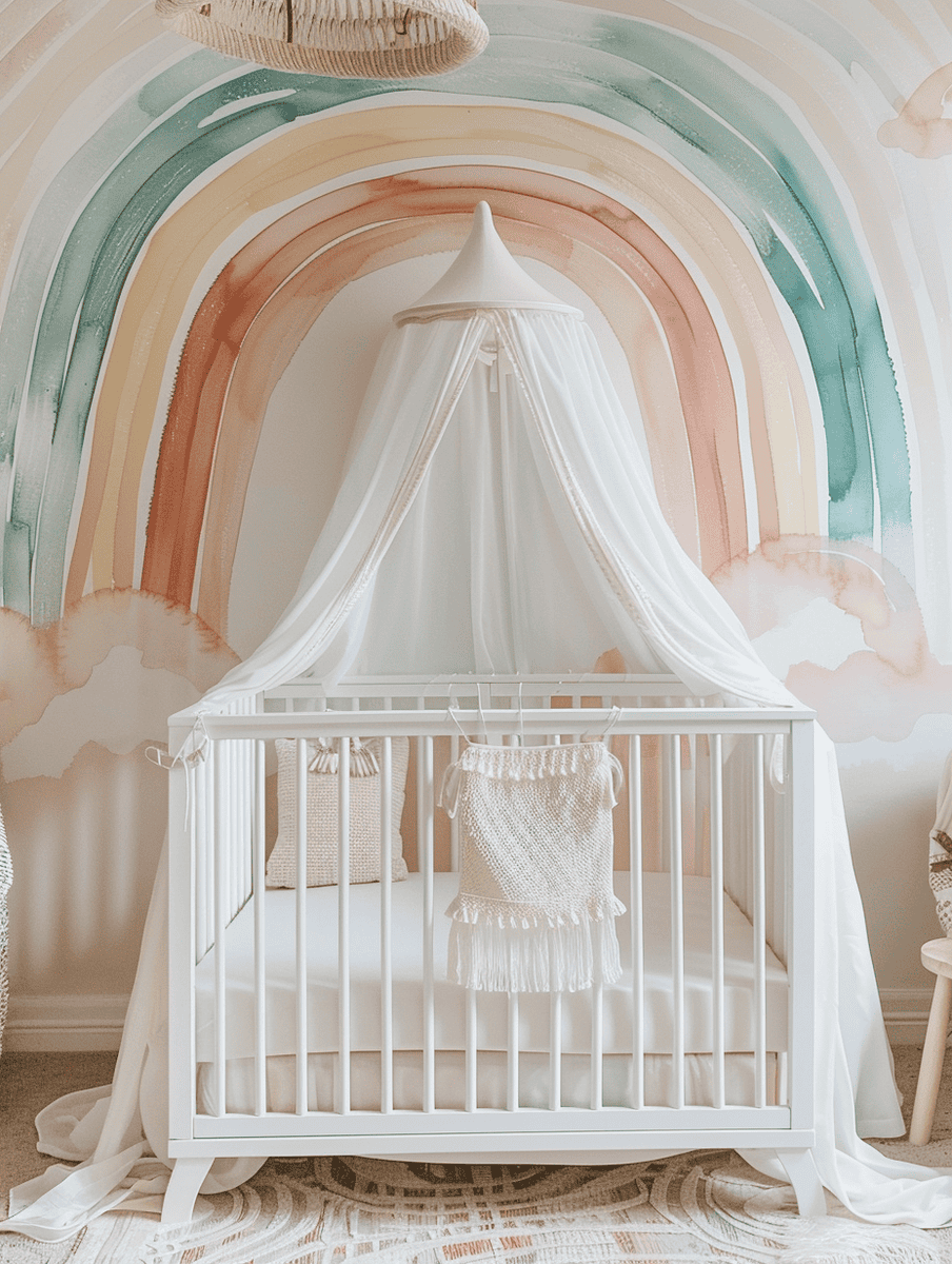 Boho chic nursery with soft pastel rainbow wall murals and ivory canopies