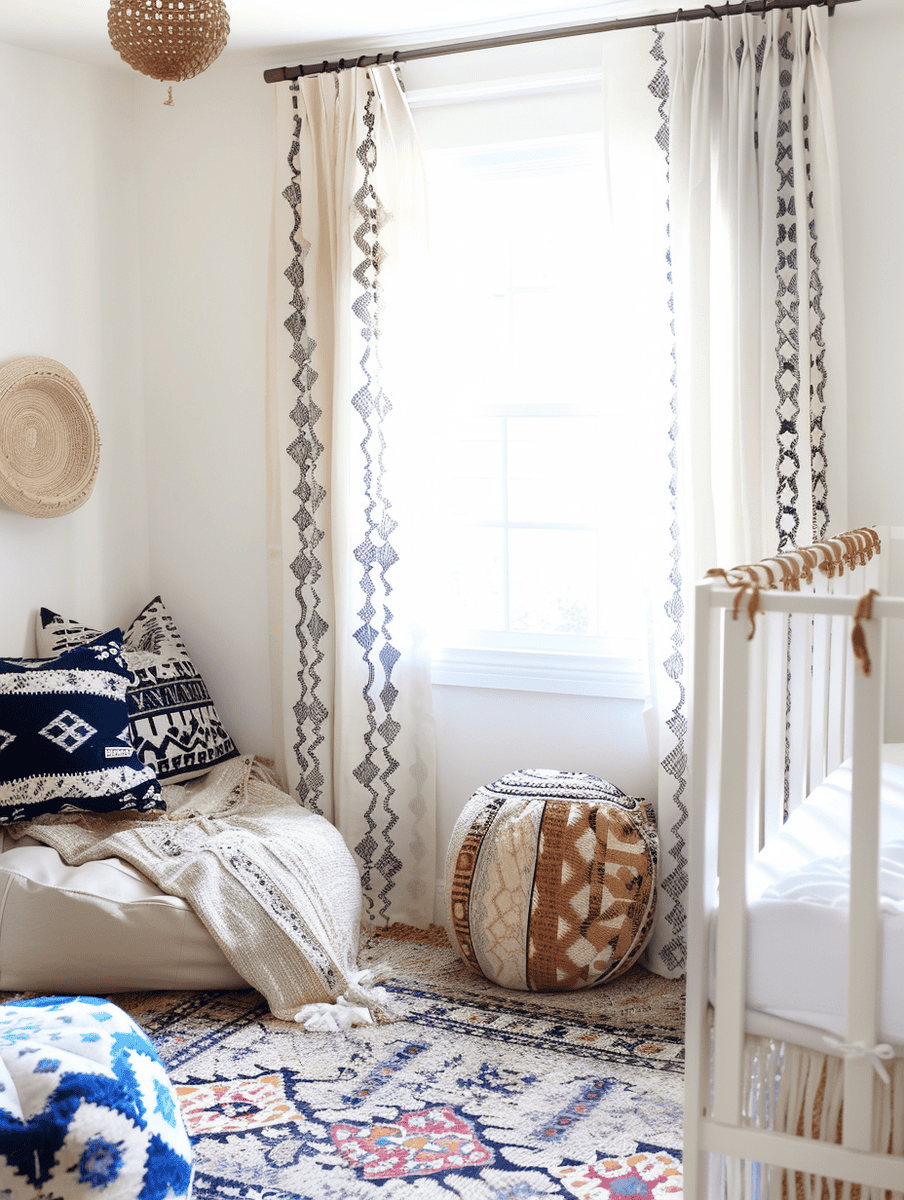 Boho chic nursery with bohemian patterned curtains and oversized floor cushions