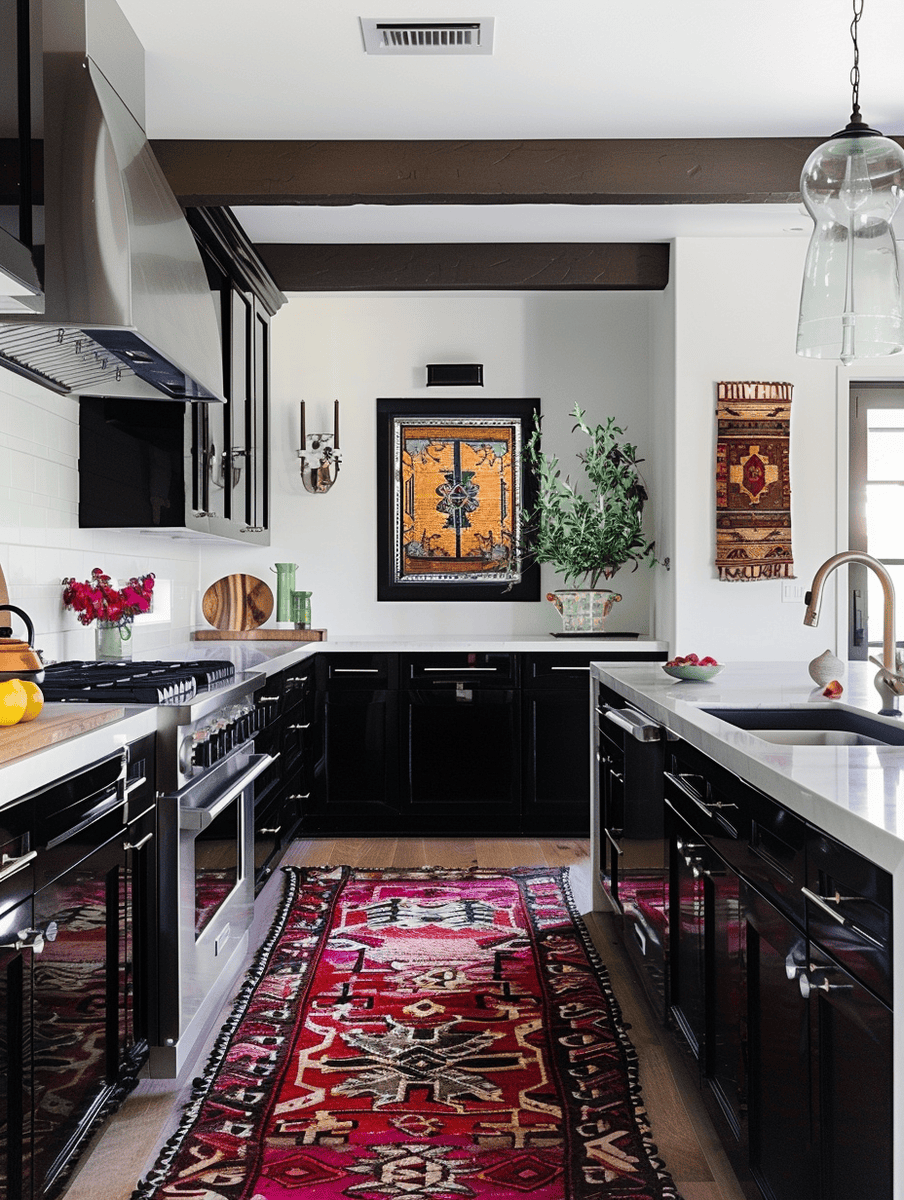 Kitchen with high-gloss surfaces, vintage boho accents, and persian rug 
