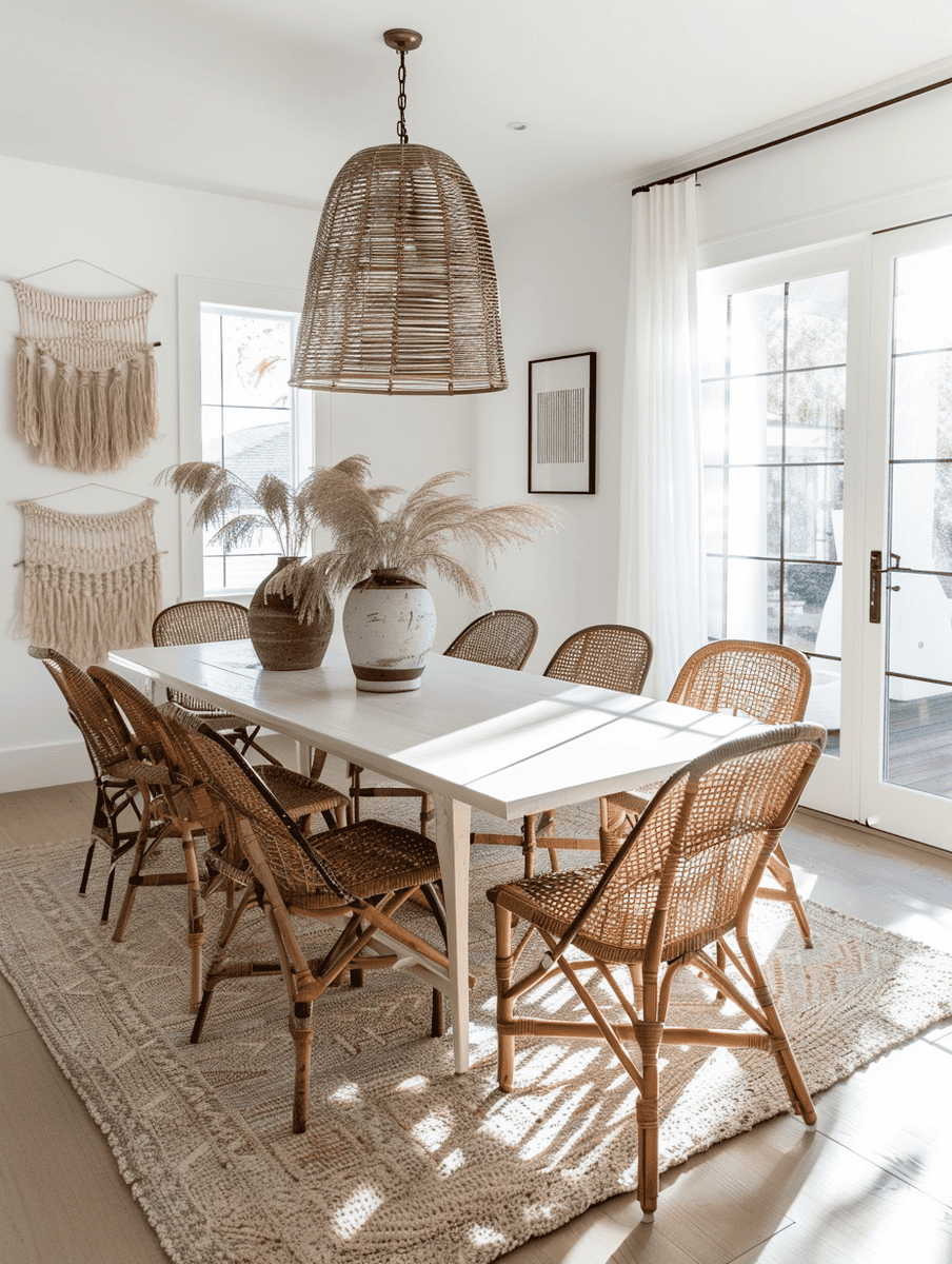 Dining area with modern minimalist table and eclectic boho chairs