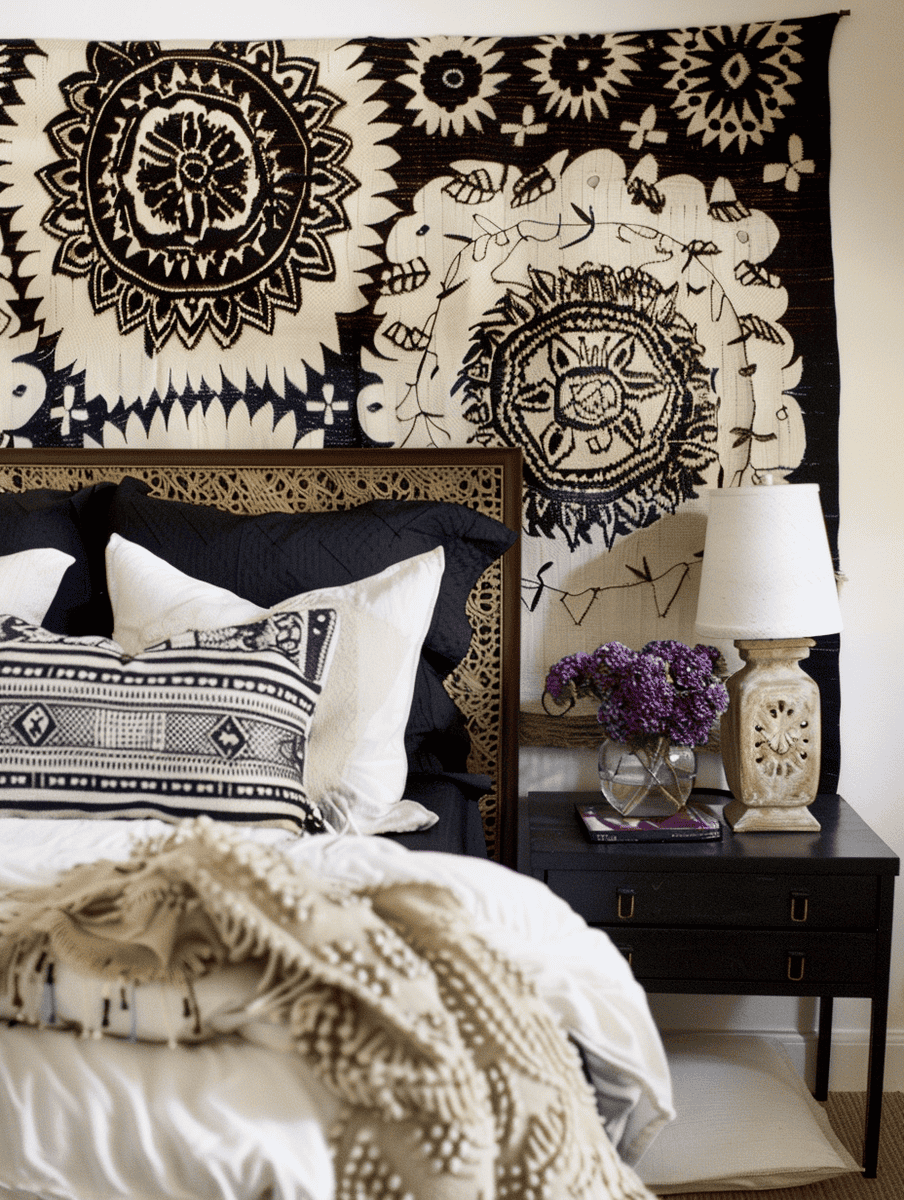 Bedroom with sleek bedside tables and boho tapestry headboard