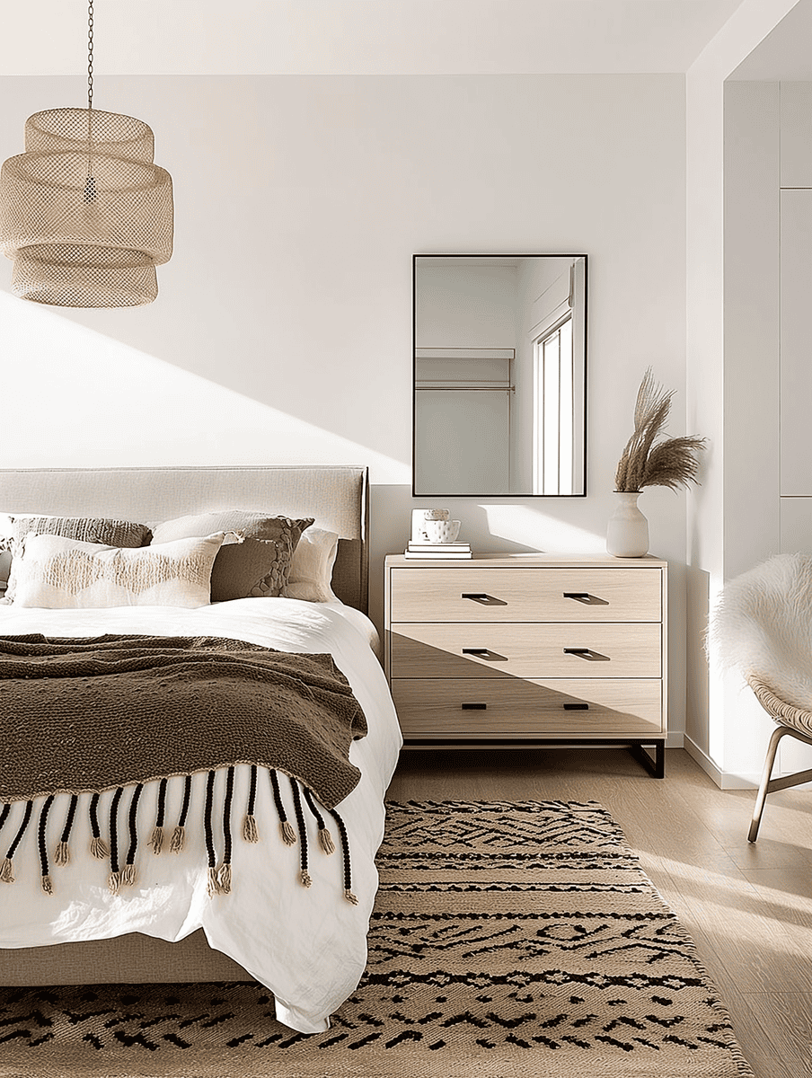Bedroom with modern minimalist dresser and boho woven rug
