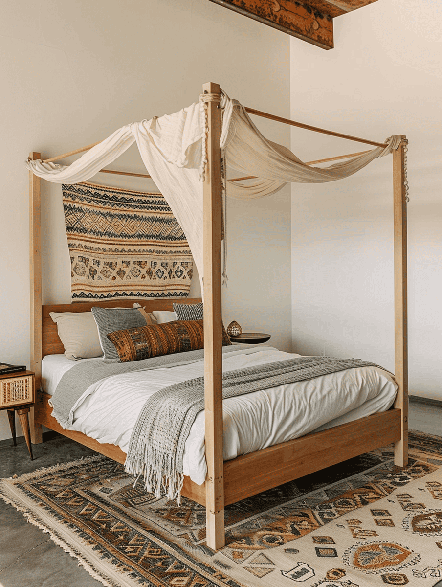Bedroom with minimalist platform bed and boho canopy