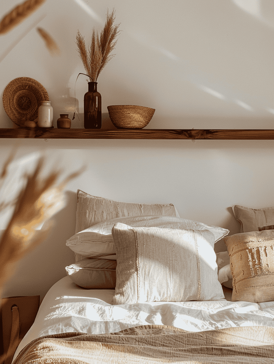 Bedroom with minimalist floating shef and boho-inspired decor