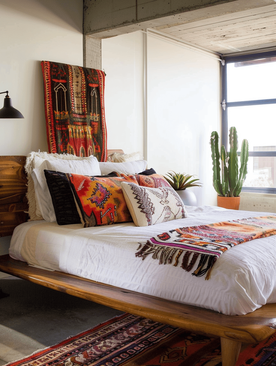 Bedroom with wooden low-profile bed and eclectic boho throw pillows