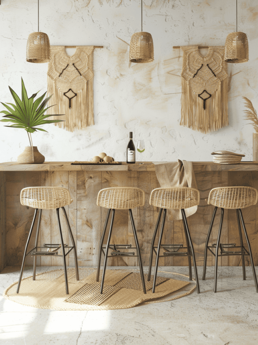 Contemporary kitchen bar area with rattan bar stools, macramé wall hangings and boho-style elements