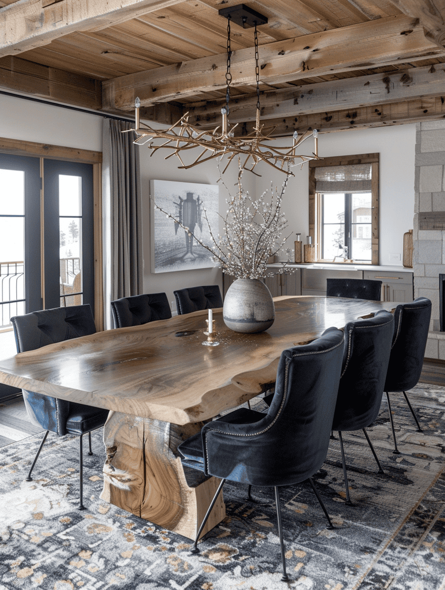 A luxurious dining room with a large, natural-edge wooden table surrounded by elegant black chairs, under a stylish antler-style chandelier, with exposed wooden beams above and a harmonious blend of modern and rustic decor elements.
