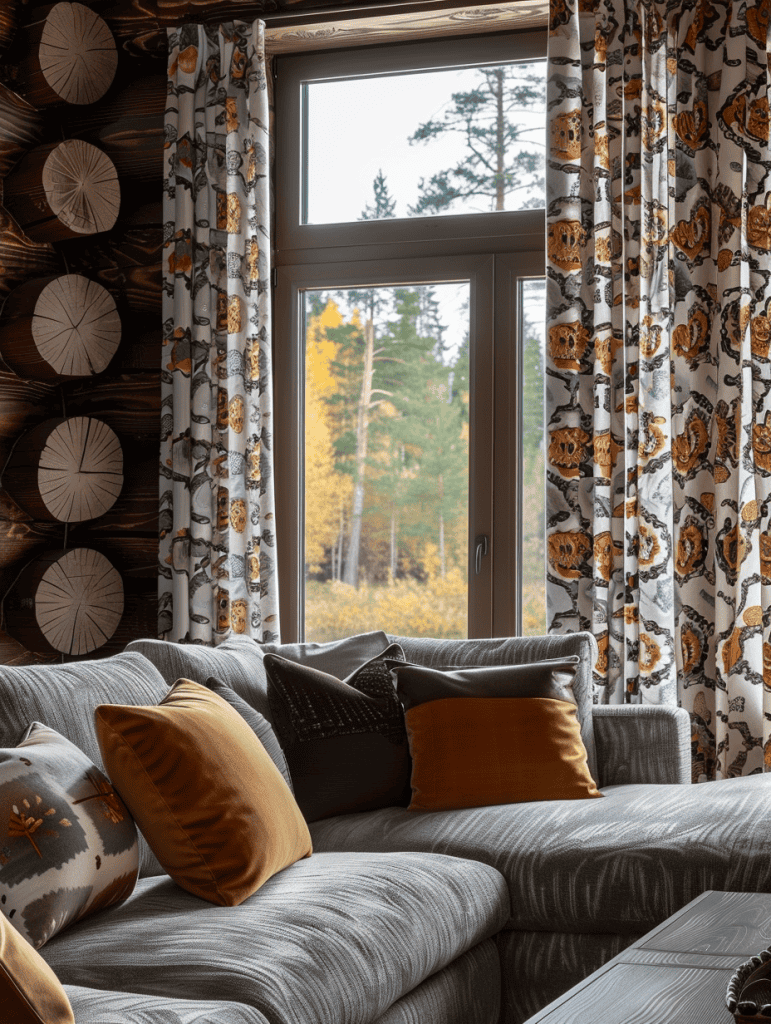 patterned curtains in a cozy rustic living room