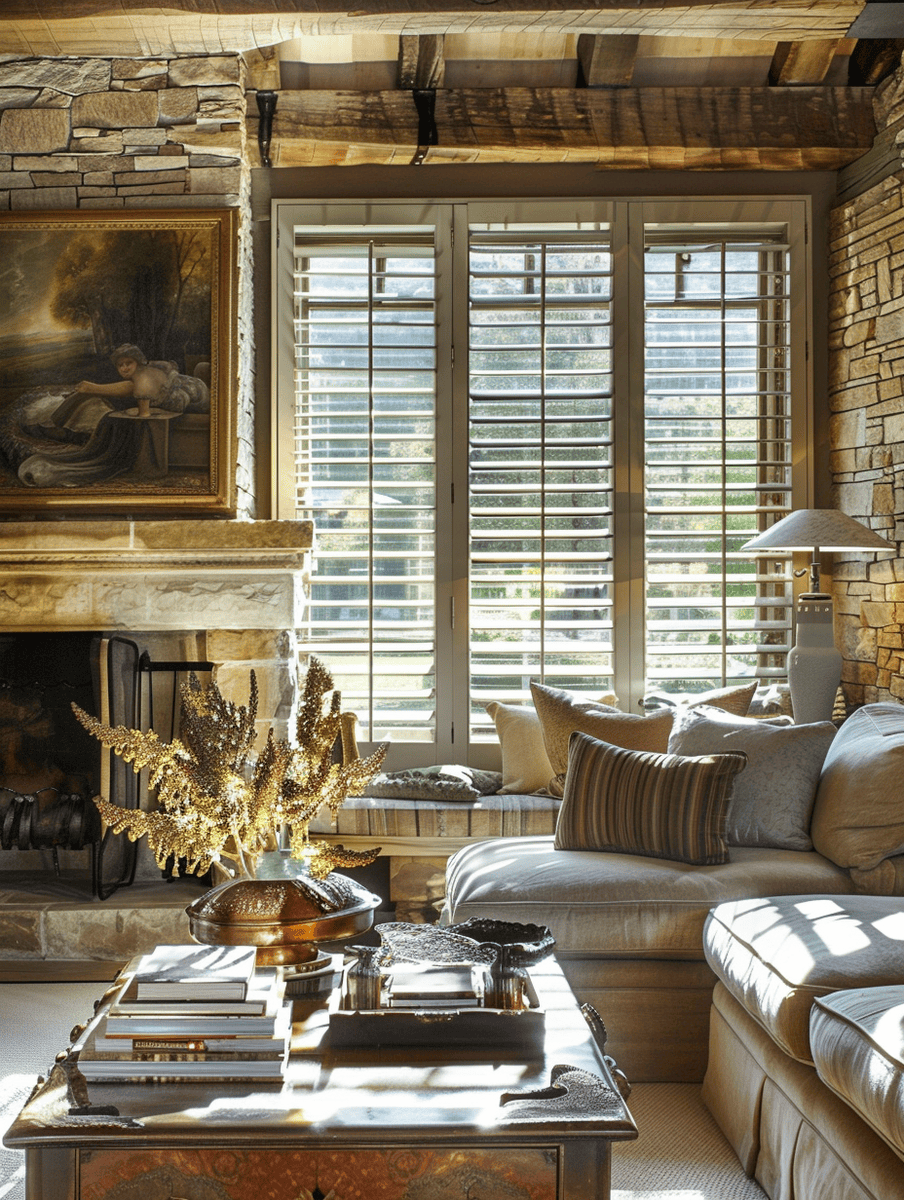 wooden shutters in a stone wall rustic living room