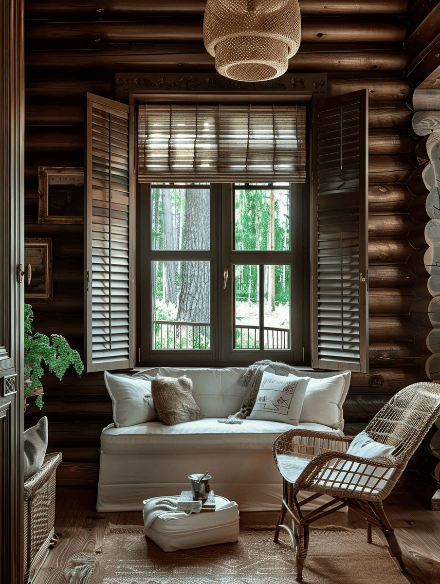 woven window shades with wooden shutters in a rustic interior