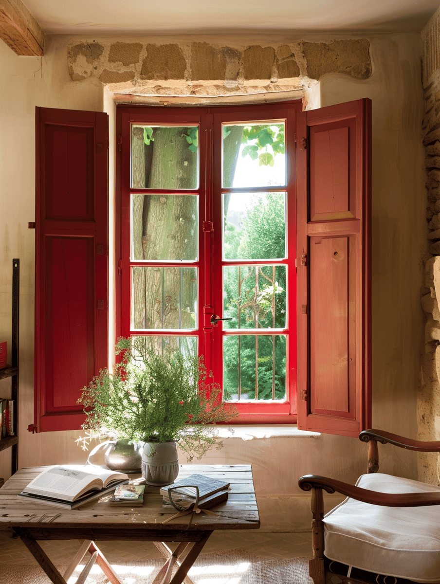 red window frames in a rustic stone-wall study room