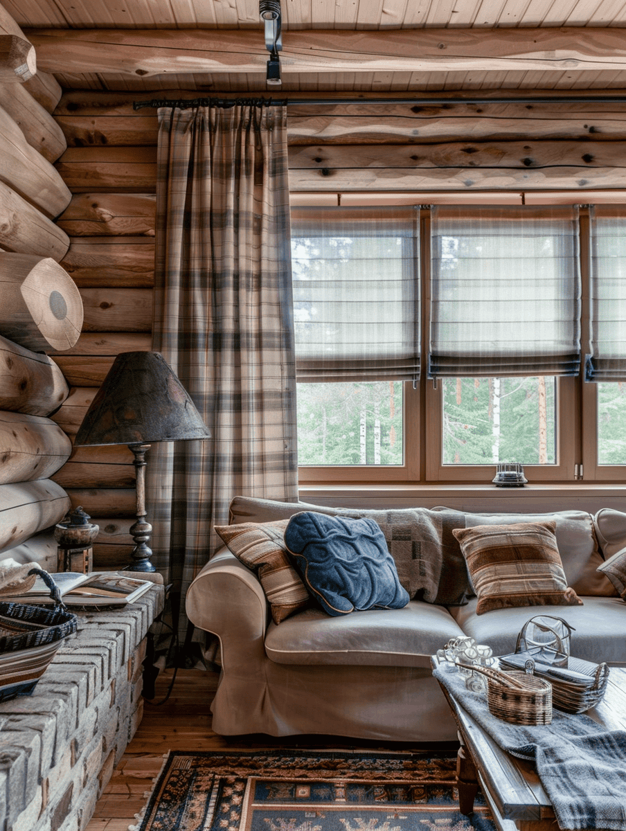 plaid curtains in a cozy log cabin living room