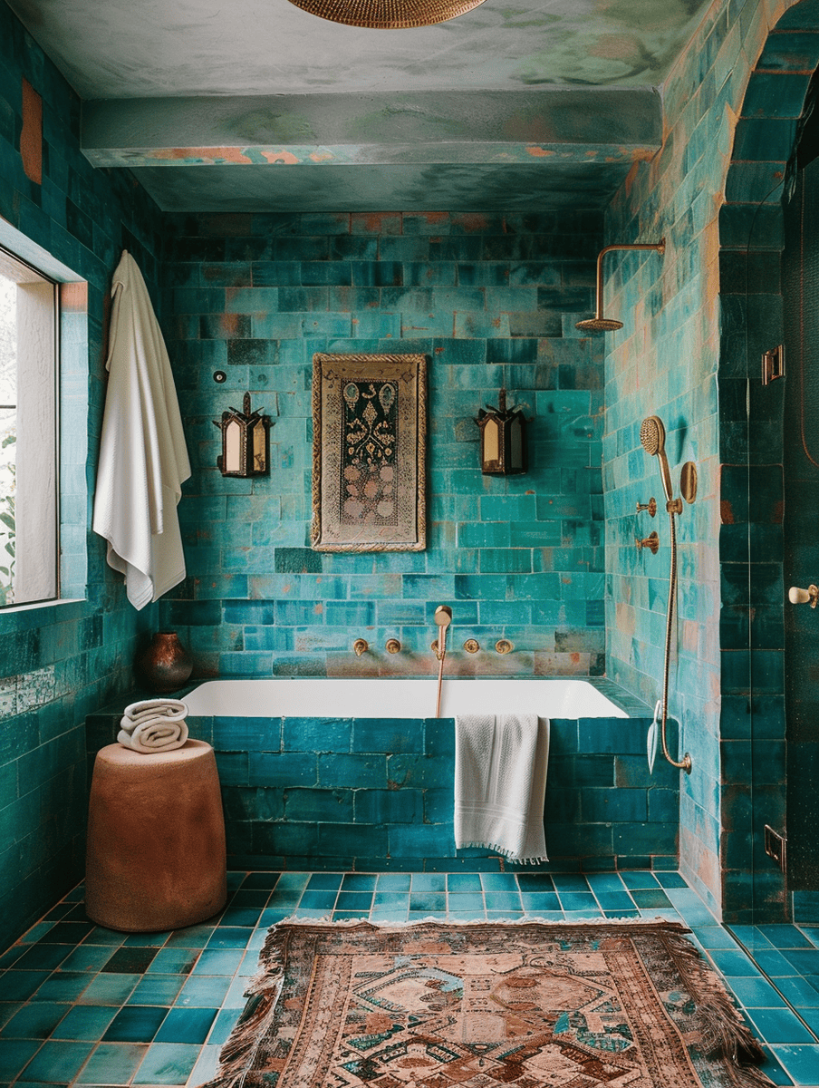 bathroom featuring turquoise tiles and vintage gold accents