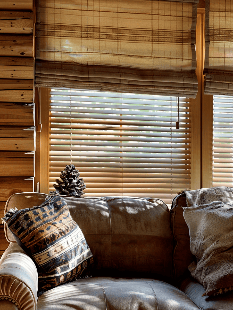 checked Roman shades with wooden blinds in a rustic setting