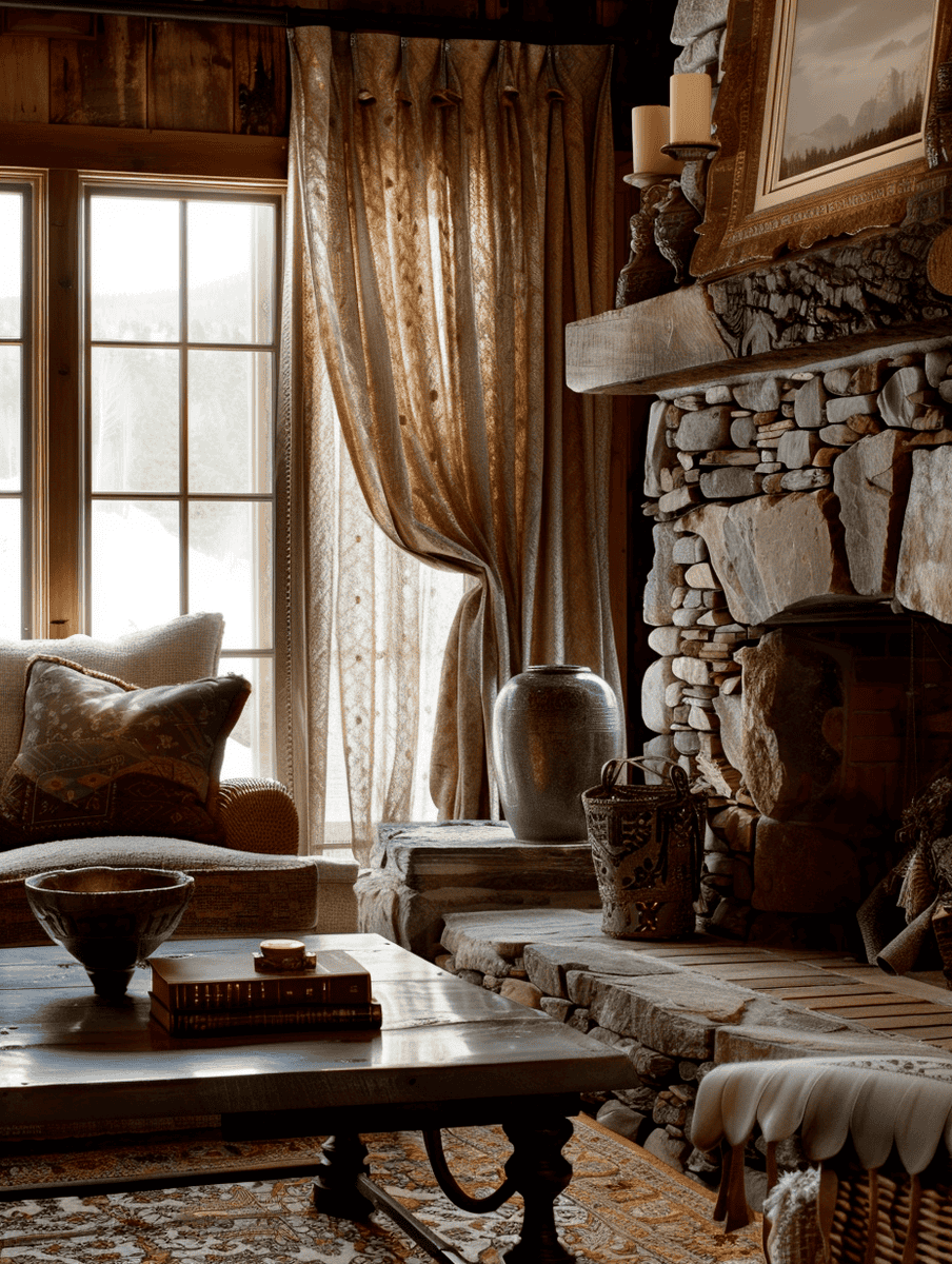 textured drapes beside a stone fireplace in a historic-style living room