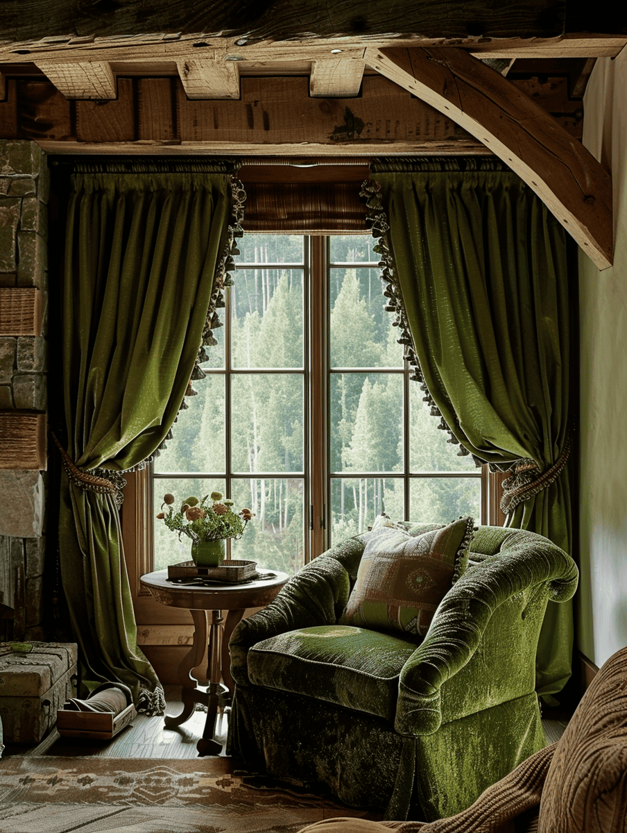 elegant green drapes in a rustic room with wooden and stone accents