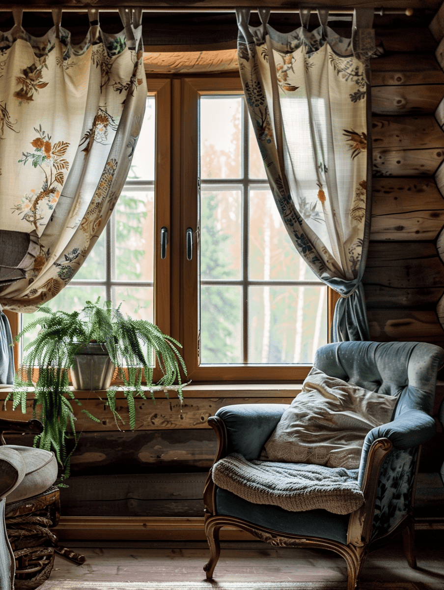 botanical print curtains in a natural light-filled log cabin corner