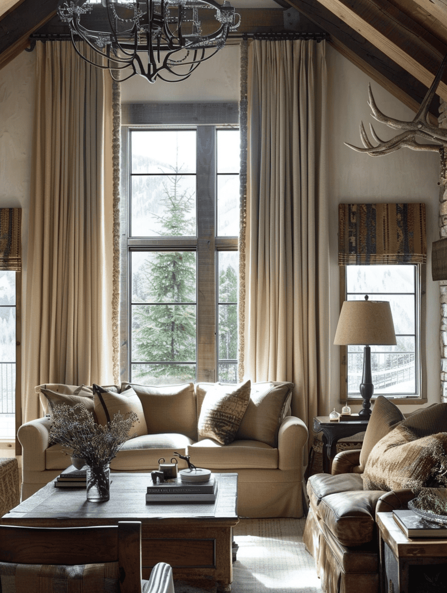 taupe curtains in a high-ceiling mountain lodge living room